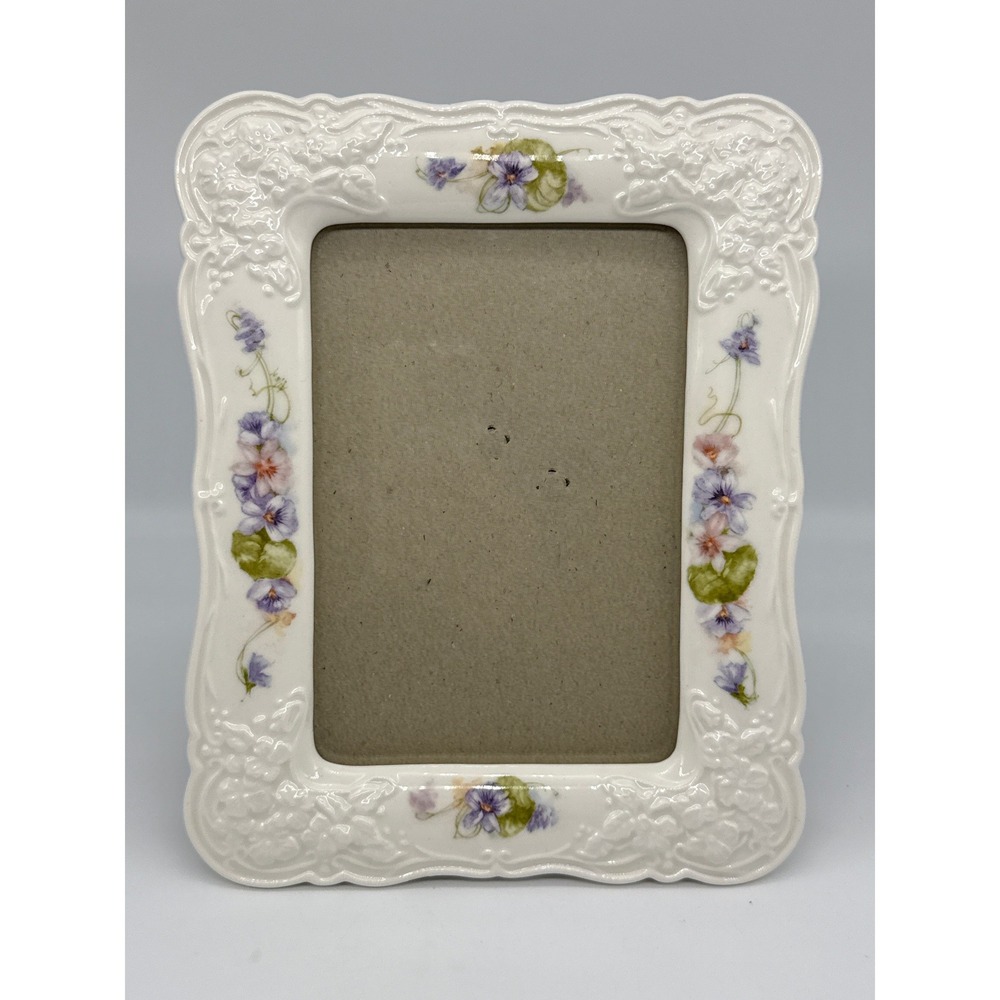 Burnes of Boston Ceramic Picture Frame Purple Floral Scalloped 6.5x4.5 photo